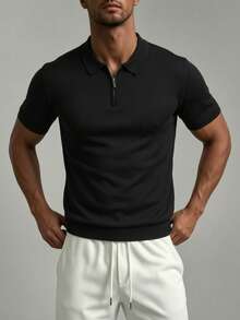 ZYNTH BALENO Men's Summer Zipper Polo Collar Knit Short Sleeve Sweater, Suitable For Outdoor Sports And Gym Workouts - Black - View 2
