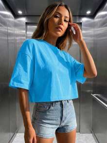 Women's Round Neck Short Sleeve Loose Casual Top, Suitable For Spring, Autumn, Summer, Minimalist Elegant Sexy Y2K Street Style, Versatile For Commuting And Home Wear - Blue - View 2