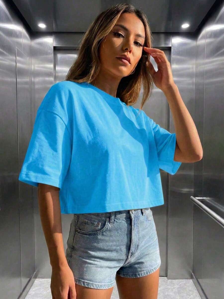 Women's Round Neck Short Sleeve Loose Casual Top, Suitable For Spring, Autumn, Summer, Minimalist Elegant Sexy Y2K Street Style, Versatile For Commuting And Home Wear
