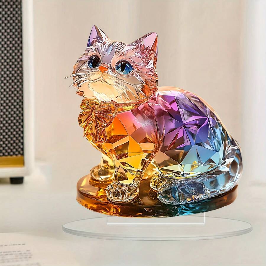 1pc Creative Cute Colorful Cat 2D Acrylic Desktop Ornament, Home Decor Prop For Living Room, Bedroom, Study, Suitable For Home And Living Room Holiday Decoration, Great Gift - Ornament - View 1