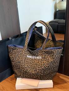 Leisure Retro Artistic Style Practical Texture Leopard Print Tote Bag, Letter Decoration Design, Reversible, Suitable For Commuting And Gatherings - Multicolor - View 9