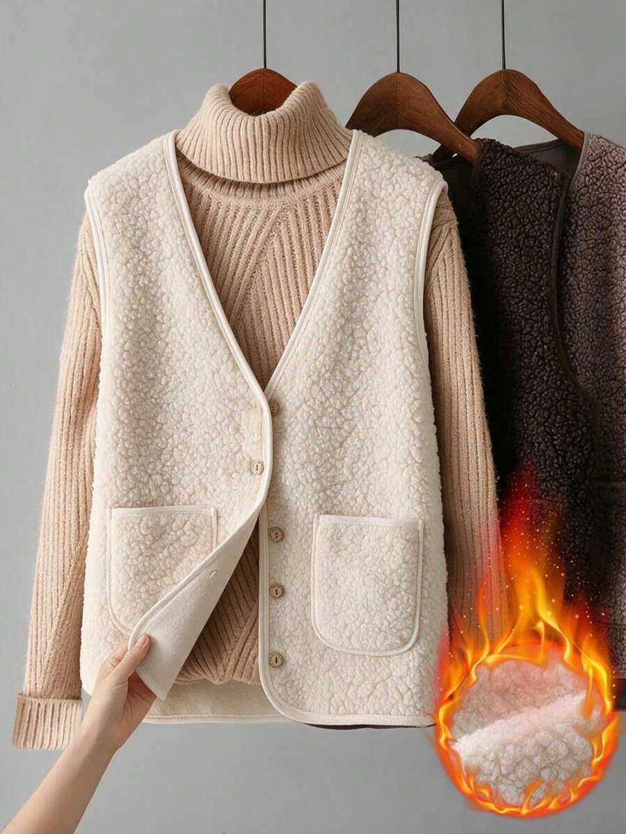 SEREN Women's V-Neck Vest, Thick Winter Vest Jacket For Outerwear, Suitable For Daily Wear And Commuting - Apricot - View 1