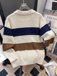 1pc Boys Teenager Striped Colorblock Half-Zip Sweater, Suitable For Commuting And School, Autumn/Winter - Apricot - View 5