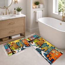 1pc Cartoon Town Pattern Printed Faux Cashmere Kitchen Mat, Absorbent Kitchen Rug, Kitchen Carpet, Long Strip Doormat, Sink Front Mat, Suitable For Kitchen, Bathroom, Entryway, Hallway, Laundry Room And Home Decor - Multicolor - View 10