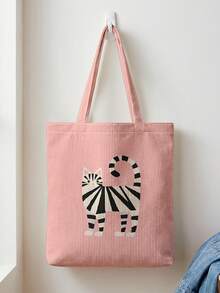 1Pc Cartoon Pandas And Cat Print Corduroy, Large‑Capacity Reusable Open‑Top Tote Shoulder Handbag For School Sports Daily Shopping For Girls Or Gifts - Multicolor - View 9