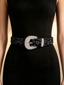 APLCSEY 1pc Women's Black PU Belt With Rhinestone Buckle, Fashionable Versatile Accessory For Daily Wear And Shopping - Leopard Print Black - View 3