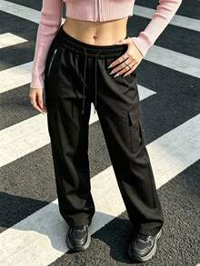 Women's Straight Leg Wide Leg Pants, White Side Stripe, Visually Lengthening Legs, Suitable For Commute And Sports, Black - Black - View 3