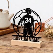 1pc Customized Football Player Sign, Personalized Boy Football Decor With Wooden Stand, Unique Gift For Home, Office, Garage And Birthday Celebration, Home Decoration - Black - View 3