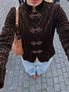 Women Fall/Winter Retro Maillard-Style New Chinese-Style Button-Front Stand-Up Collar Velvet Short Jacket,Elegant Daily Party Long Sleeve Cardigan Top - Brown - View 2