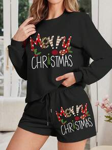 Women's Christmas Happy Letter Print Pajama Set, Drawstring Sports Shorts Set, 2 Pieces Set, Suitable For Home Wear, Sports Warmth, Suitable For Autumn/Winter Season - Black - View 5