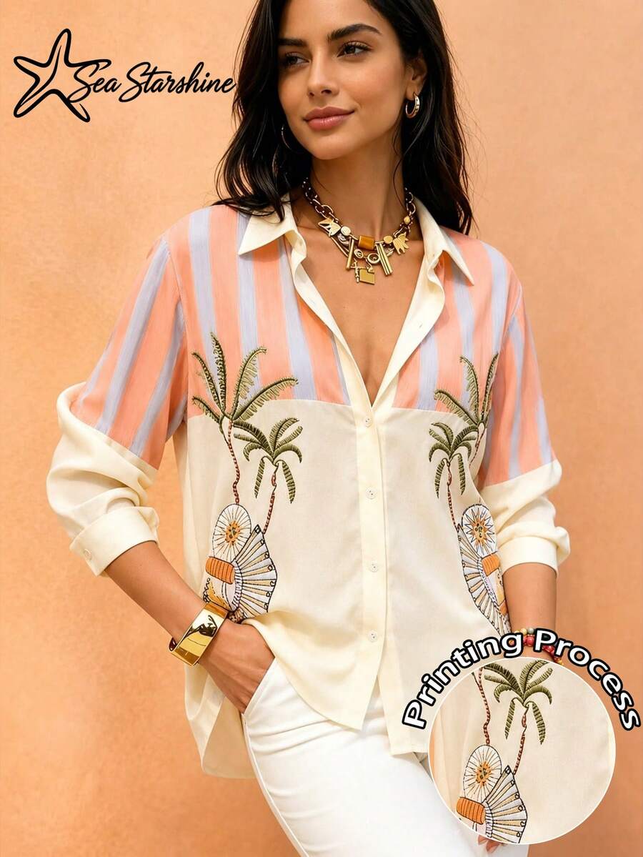 Spring/Summer New Arrival Elegant Casual Coconut Tree Contrast Stripe Print Shirt, Suitable For Afternoon Tea And Vacation - Multicolor - View 1