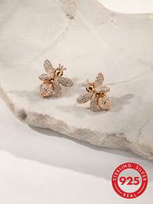 BRLINEY 18K Rose Gold Plated Bee Shaped Cubic Zirconia Stud Earrings, Hypoallergenic Exquisite Animal Design, Elegant Jewelry, Suitable For Party And Daily Wear - Rose Gold - View 2