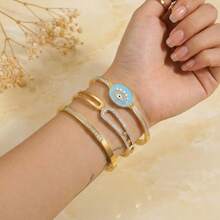 1/3pcs Luxury 18K Gold Plated Stainless Steel Bracelet Set For Women, Light Blue Evil Eye & Geometric Pave Zirconia Open Bangle - Gold - View 2