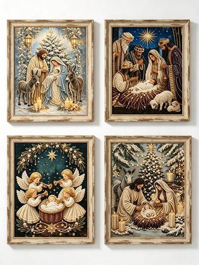 Christmas Nativity Scene Canvas Wall Art, Unframed, Holy Family Religious Christmas Wall Decor, Vintage Pearl Embossed Effect Print Painting, Suitable For Living Room, Bedroom, Fireplace Mantel And Other Home Christmas Holiday Decoration. Also A Religious Themed Gift For Christmas Celebration Party, Classic Nativity Scene Wall Art Poster, Winter Holiday Indoor Decoration, Ideal Religious Holiday Gift For Family And Friends.