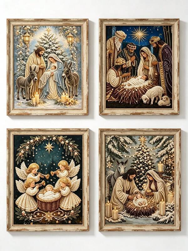 Christmas Nativity Scene Canvas Wall Art, Unframed, Holy Family Religious Christmas Wall Decor, Vintage Pearl Embossed Effect Print Painting, Suitable For Living Room, Bedroom, Fireplace Mantel And Other Home Christmas Holiday Decoration. Also A Religious Themed Gift For Christmas Celebration Party, Classic Nativity Scene Wall Art Poster, Winter Holiday Indoor Decoration, Ideal Religious Holiday Gift For Family And Friends.