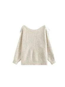 Women's Lace Patchwork Tie Bow Cold Shoulder Sweater, Soft & Cozy Slouchy Loose Slimming Knit Top, Autumn/Winter - Off White - View 3