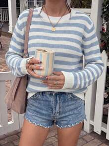 Plus Size Women's Blue & White Striped Ribbed Cuff Long Sleeve Crew Neck Loose Short Knit Sweater, Winter Fall - Multicolor - View 1