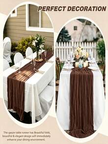 1/5pcs Brown Bohemian Style Cheesecloth Table Runner, Rustic Vintage Semi-Sheer Gauze Tablecloth Table Cover, Farmhouse Decor Minimalist Polyester Fiber Dining Table Decor Cloth, Suitable For Dining Table - brown - View 8