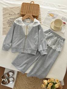 bearleader Girls Spring/Autumn Floral Lace Zipper Long Sleeve Sweatshirt Jacket And Mesh Patchwork Casual Pants Set - Grey - View 1