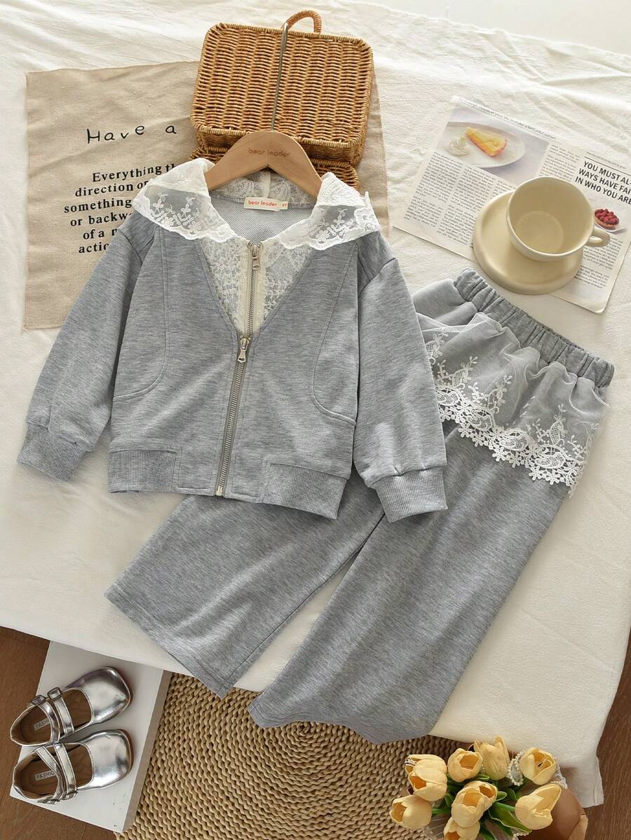bearleader Girls Spring/Autumn Floral Lace Zipper Long Sleeve Sweatshirt Jacket And Mesh Patchwork Casual Pants Set - Grey - View 1