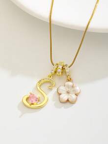 1pc Heart Initial Letter & White Five-Petal Flower Multi-Pendant Necklace For Girl's Anniversary Dates Party Holiday Birthday Gift For Daily Wear - Gold - View 6