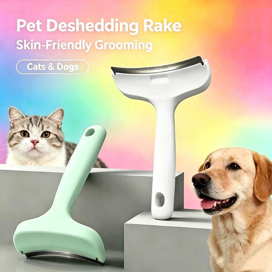 Curved Stainless Steel Pet Grooming Rake, Suitable For Cats And Dogs, For Detangling Knots, Undercoat And Loose Fur, Skin-Friendly Design, Ideal For Pet Shedding Season - View 1