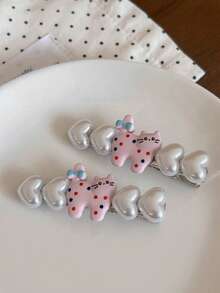 3/2pcs Cute Cartoon Blue Bear Hair Clip Set For Women, Bowknot Faux Pearl Decor Duckbill Hair Clips Hair Accessories - Strawberry - View 10