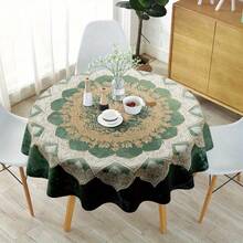 Round Vintage Medallion Tablecloth, Green Boho Baroque Polyester Table Cover With Ornamental Floral Pattern For Dining Table, Kitchen, Party Decor And Artistic Home Styling - A - View 1