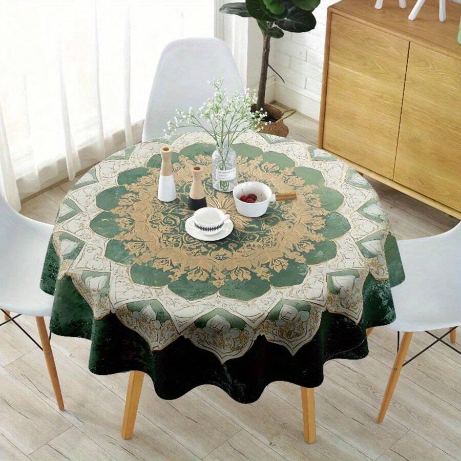 Round Vintage Medallion Tablecloth, Green Boho Baroque Polyester Table Cover With Ornamental Floral Pattern For Dining Table, Kitchen, Party Decor And Artistic Home Styling - A - View 1