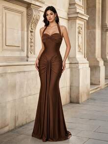 Gaun Malam Maxi Mermaid Bodycon Elastis Tinggi dengan Kerut Leher Sweetheart dan Tali Halter Elegan untuk Musim Gugur dan Dingin, Cocok untuk Pesta, Prom, Pernikahan dan Festival - Coffee Brown - View 6