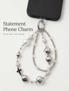 1pc Aesthetic Silver Cross Star Phone Chain, Crystal Beaded Multi-Layer Buckle Lanyard, Versatile Decorative Strap For Students Daily Photography - Silver Double Chain - View 5