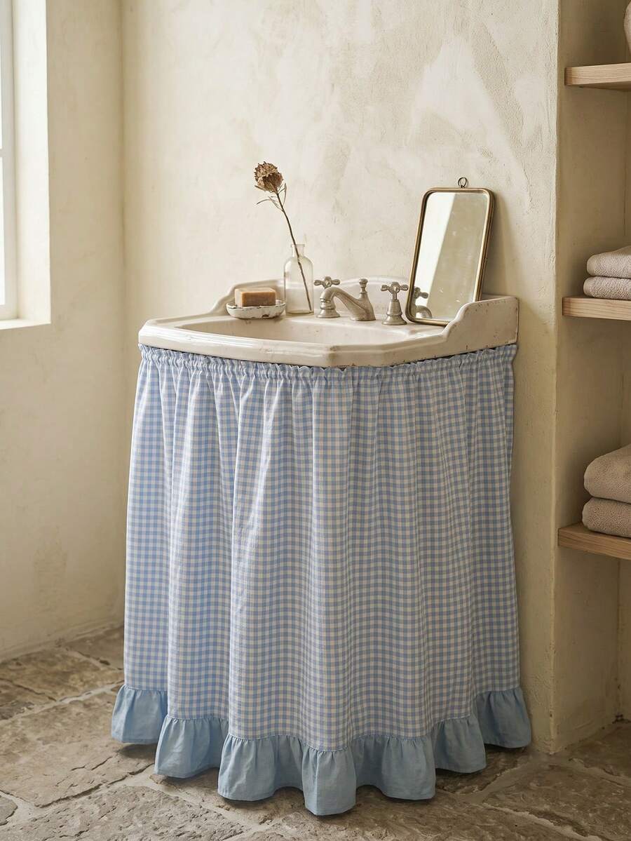 1/2pcs Light Blue And White Plaid Washbasin Skirt, Fresh Pastoral Style Fabric Material, Rectangular Top Pleated And Bottom Light Blue Ruffle Hem Splicing Detail, Conceal Washbasin Pipes And Decorative Beautification Function, Suitable For Bathroom Daily Arrangement And Fresh Home Decor Scenes - Blue - View 1