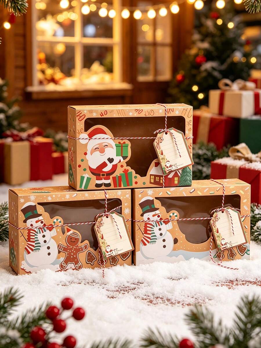 27pcs New Christmas Kraft Paper Window Gingerbread Gift Box, Creative Candy Gift Box, Santa Claus, Snowman And Gingerbread Man Pattern, Suitable For Christmas Birthday Gift Box, Christmas Party Planning, Home Baking Enthusiasts, Holiday Gifts