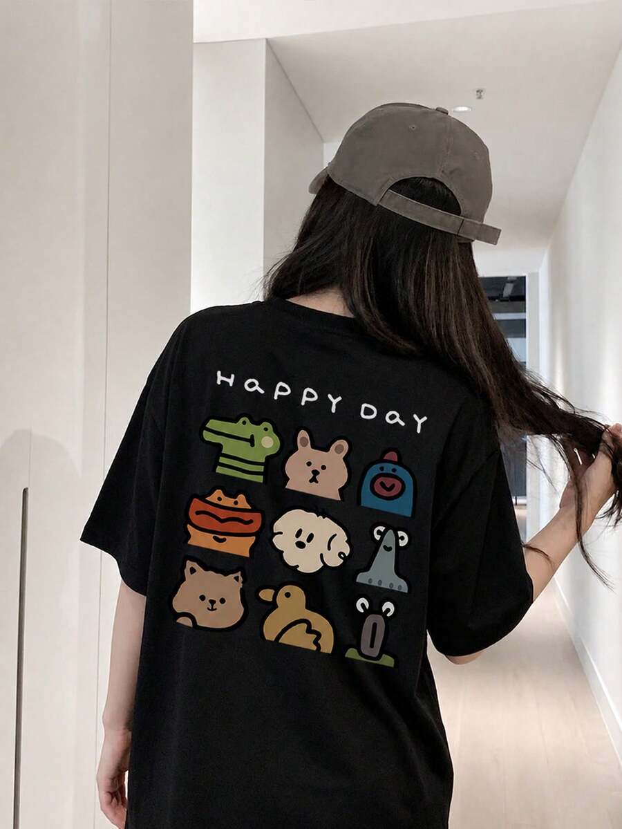 Women's Loose Fit Round Neck Short Sleeve Letter & Cartoon Print T-Shirt, Spring/Summer Casual Black - Black - View 1