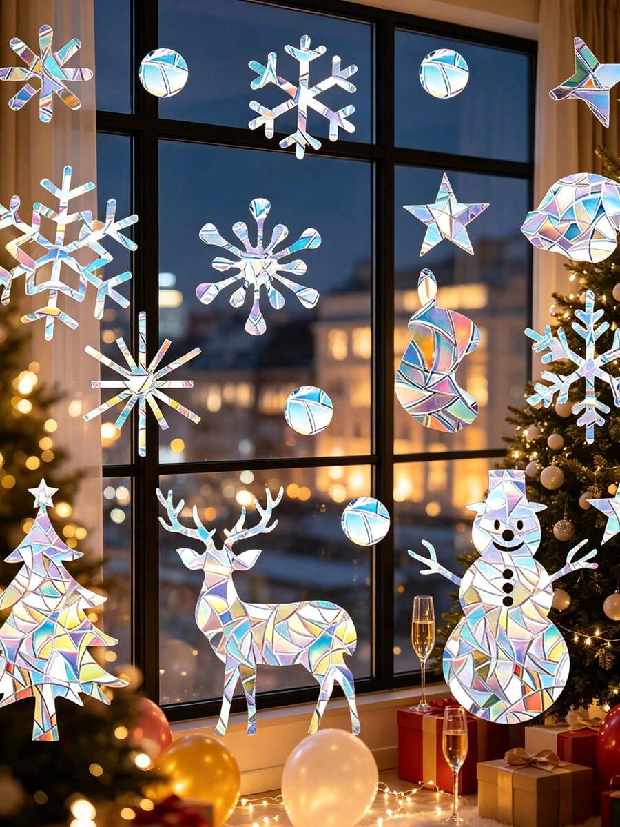 1pc Christmas-Themed Iridescent Static-Cling Window Decal (Reusable); Suitable For Christmas Party Decor, Glass Decorations, Party Favors, Floor-To-Ceiling Window Styling, And Home Decoration To Create A Festive Atmosphere. - Multicolor - View 1