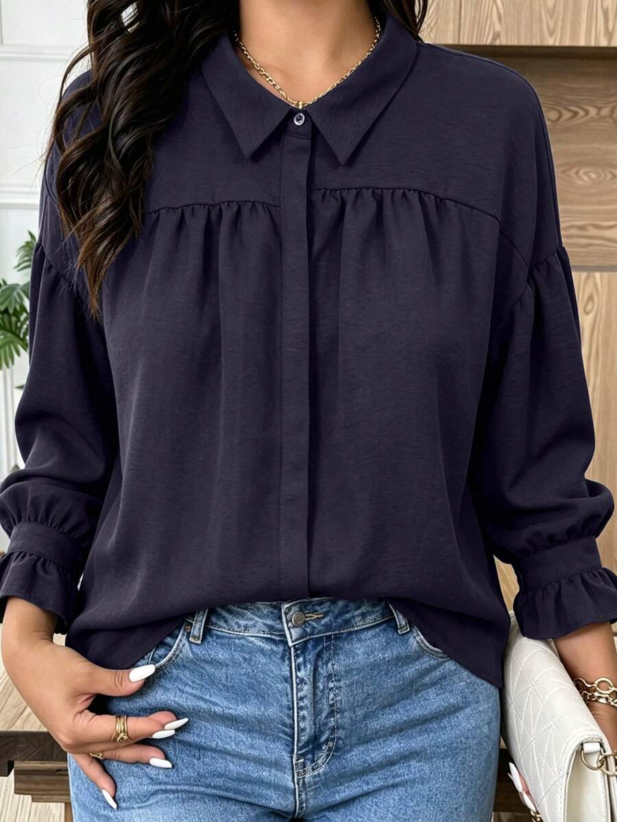 Women's Plus Size Flare Sleeve Blouse, Casual Solid Color Single-Breasted Top - Navy Blue - View 1