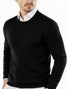 Men's Mercerized Ribbed Slim Fit Regular Shoulder Crew Neck Long Sleeve Sweater - Black - View 9
