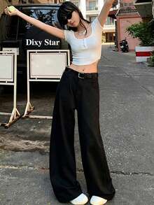 All Season New High Waist Loose Slimming Draped Floor Length Wide Leg Denim Jeans, Belt Not Included Black Casual Fall - Black - View 1