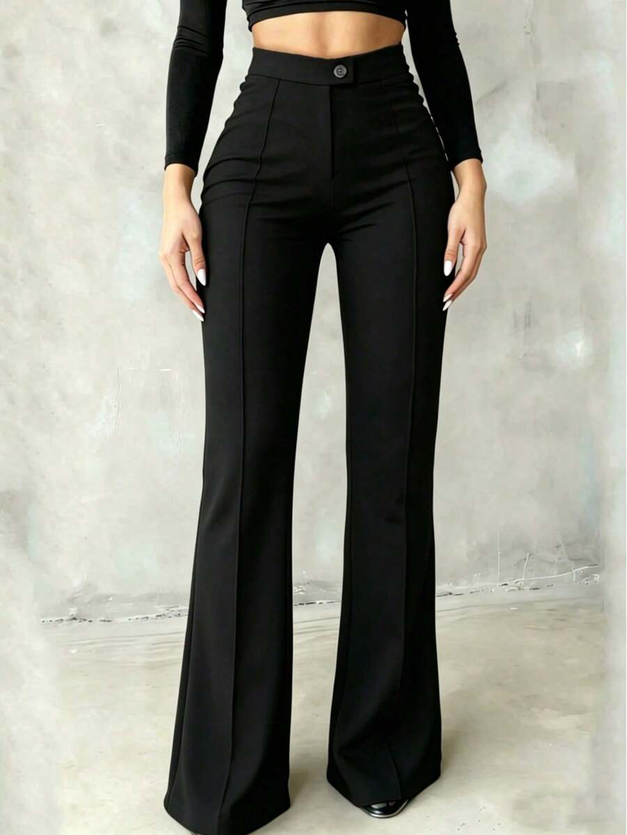 Women's Fashion Button Casual Long Pants For Business Office - Black - View 1