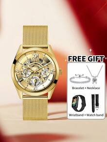 Guess Men's Vintage Styled Openwork Watch Rich Chocolate Leather Strap Warm Tone Bezel Roman Numeral Track Analog Quartz Wristwatch Business Promotions Gift - one-size - View 5