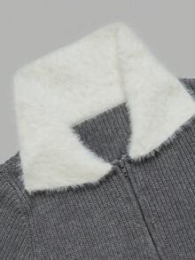 Aflion Women Fall Grey Ribbed Knit Zip Up Cardigan, Furry Collar & Cuff Long Sleeve Fitted Sweater For Date, Daily & Street Wear - Grey - View 5