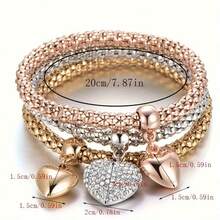 3pcs Metallic Style Women's Bracelet Set With 3 Heart Pendants, Multi-Layer Stackable, Autumn/Winter Accessory, New Year Gift, Valentine's Day Gift - Multicolor - View 6