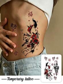 1pc Temporary Tattoo Sticker, Japanese Fox Mask Flower Sword Pattern, Realistic Fake Tattoo Design, Suitable For Daily Wear, Bachelor Party Favors, Music Festivals, Cosplay, Graduation Gifts, Lasts 3-5 Days - Multicolor - View 1