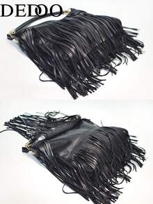 Dedoo Solid Color Textured PU Tassel Underarm Bohemian Bag, Large Capacity Long Tassel Metal Rotating Buckle, Bohemian Vintage Women's Underarm Bag, Suitable For Autumn/Winter Party & Daily Wear - Black - View 6