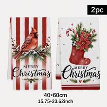2PCS Kitchen Towels Christmas Red & White Striped Floral Bird Christmas Sock Pattern Printed 40*60cm Minimalist Style Rectangular Microfiber Soft Kitchen Towels, Dish Cloths, Tablecloths, Hand Towels, Christmas Home Decor, Bathroom & Kitchen Decor, Neighbor Housewarming Gift, Perfect For Kitchen & Bathroom Use, Suitable For Housewives And Family Gatherings, Great Value, Home Essential - Red and White - View 3