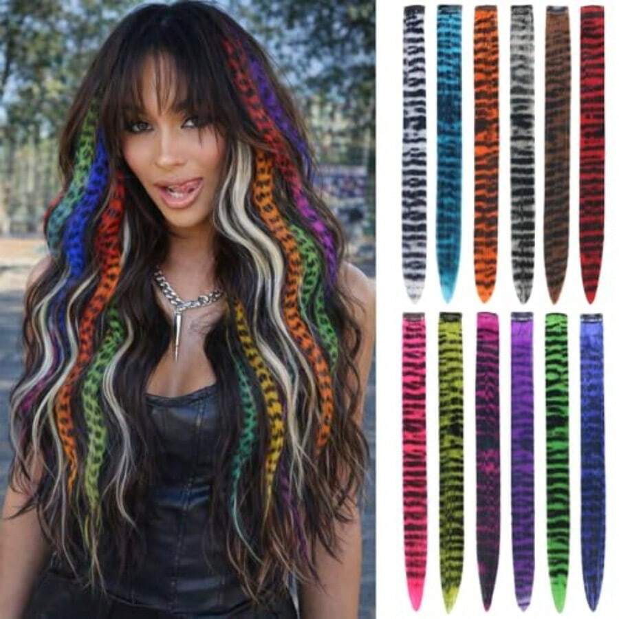 Q12 Colors Leopard Print Hair Extensions Clip Ins 18inch Colorful Raccoon Tail Hair Extensions Clip In Hair Accessories For Women 12pcs - Mixed4colors - View 1