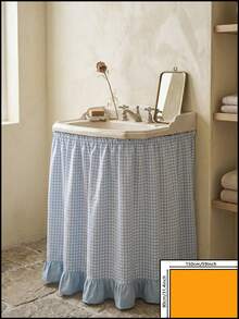 1/2pcs Light Blue And White Plaid Washbasin Skirt, Fresh Pastoral Style Fabric Material, Rectangular Top Pleated And Bottom Light Blue Ruffle Hem Splicing Detail, Conceal Washbasin Pipes And Decorative Beautification Function, Suitable For Bathroom Daily Arrangement And Fresh Home Decor Scenes - Blue - View 12