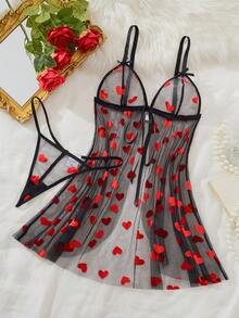 Plus Size Women's Sexy Lingerie Sleepwear Set, Black And Red Floral Mesh Front Button Robe Set, Front Tie With Large Bow Decor, 2-Piece Set - Black - View 3