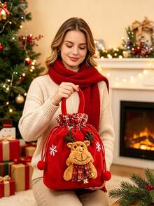 1pc Christmas Gift Bag With Plush Decoration, Portable Handle And Drawstring Closure. Multiple Styles Available. Perfect Storage Bag For Christmas Eve Small Gifts, Ideal For Holiday Gifting And Party Decoration. - Multicolor - View 1