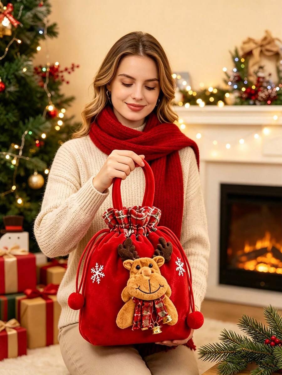 1pc Christmas Gift Bag With Plush Decoration, Portable Handle And Drawstring Closure. Multiple Styles Available. Perfect Storage Bag For Christmas Eve Small Gifts, Ideal For Holiday Gifting And Party Decoration. - Multicolor - View 1